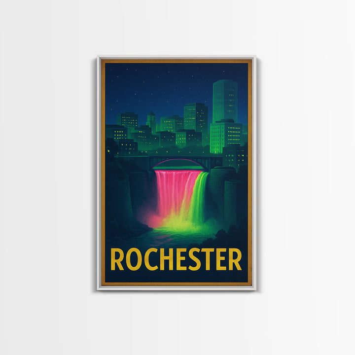 Rochester New York Travel Poster, Framed Canvas Print, Retro Neon Travel Art, Rochester Art Print, Mid Century Wall Art, Eclectic Wall Decor