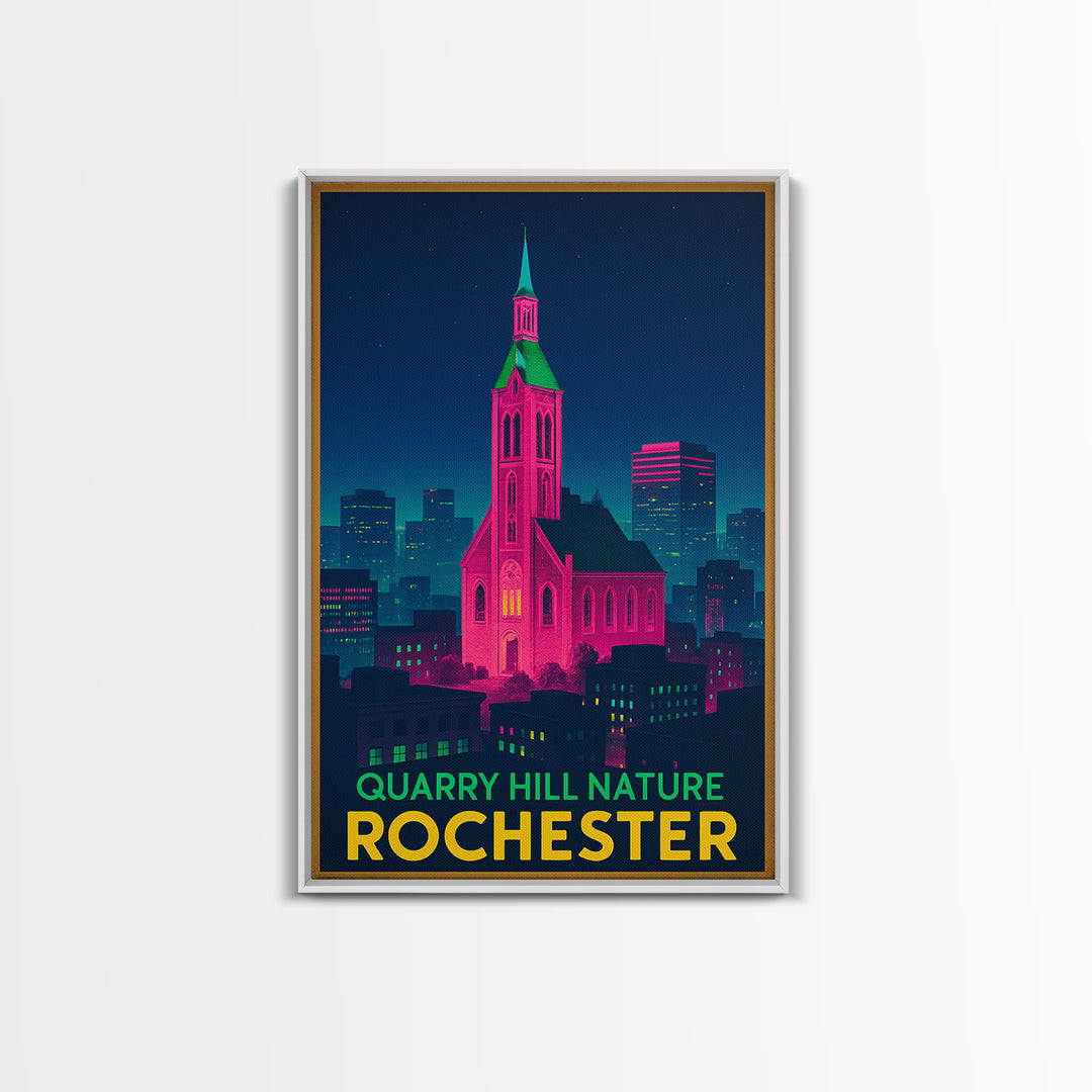 Rochester Travel Poster, Canvas Print, Retro Neon Travel Art, Rochester Art Print, Travel Wall Decor, Gift For Travelers, Travel Wall Art