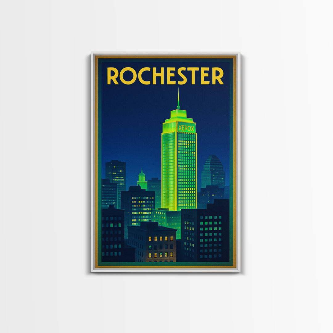 Rochester Travel Poster, Framed Canvas Print, Electric Night Poster Art, Rochester Travel Art, Wanderlust Decor, Watercolor Skyline Art