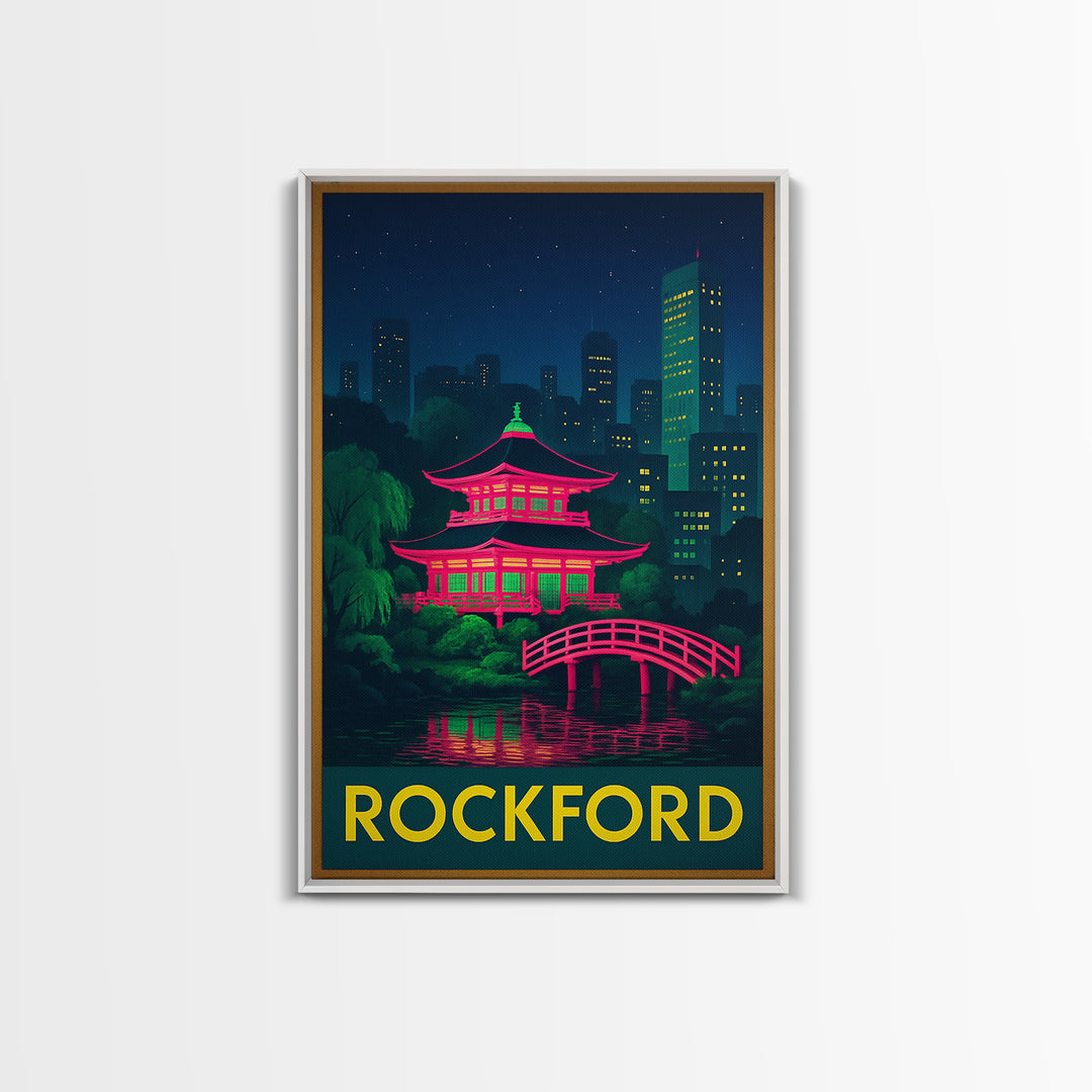 Rockford Illinois Travel Poster, Canvas Print, Retro Neon Travel Art, Rockford Art Print, Wanderlust Decor, Mid Century Wall Art, Travel Art