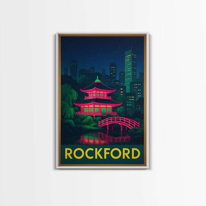 Rockford Illinois Travel Poster, Canvas Print, Retro Neon Travel Art, Rockford Art Print, Wanderlust Decor, Mid Century Wall Art, Travel Art