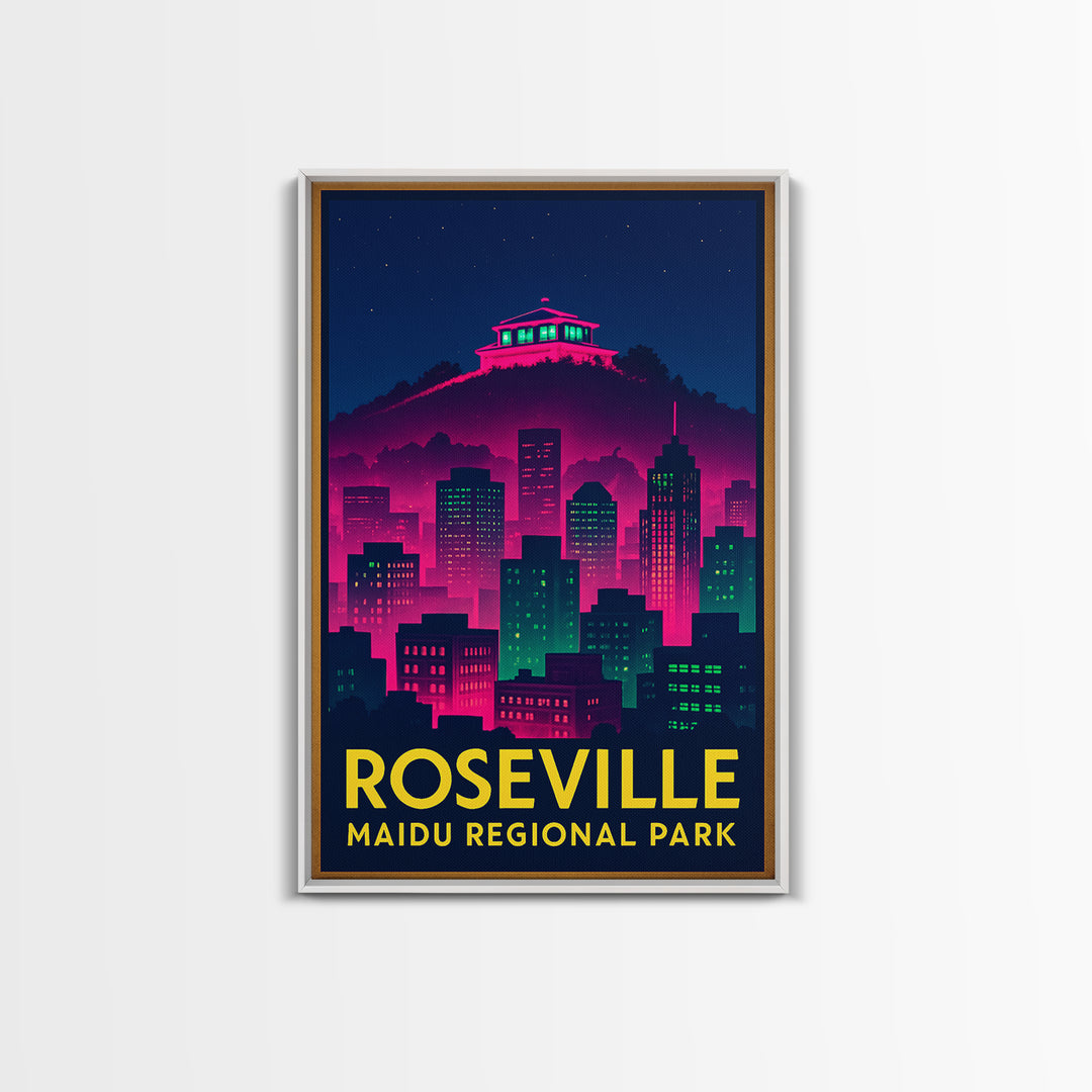 Roseville California Travel Poster, Framed Canvas Print, Neon Skyline Wall Art, Roseville Travel Art, Eclectic Wall Decor, Travel Wall Decor