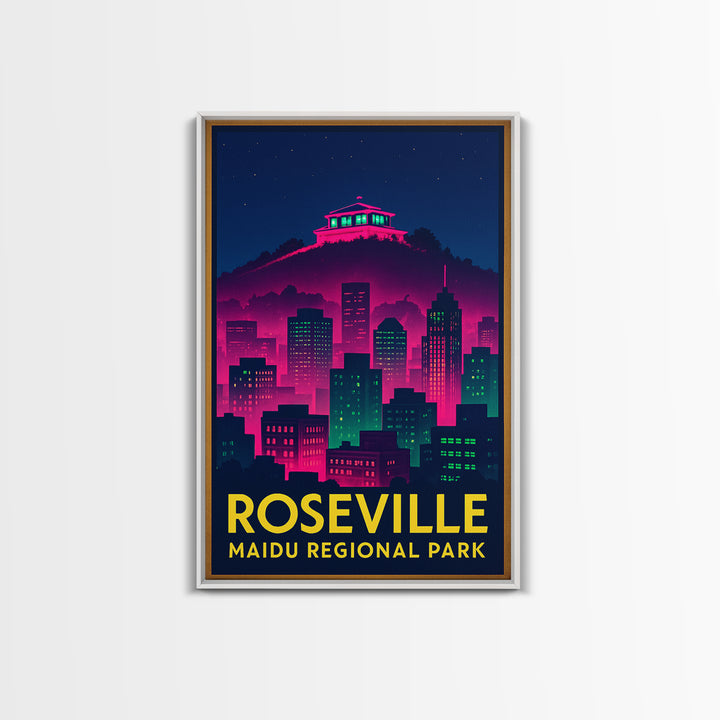 Roseville California Travel Poster, Framed Canvas Print, Neon Skyline Wall Art, Roseville Travel Art, Eclectic Wall Decor, Travel Wall Decor