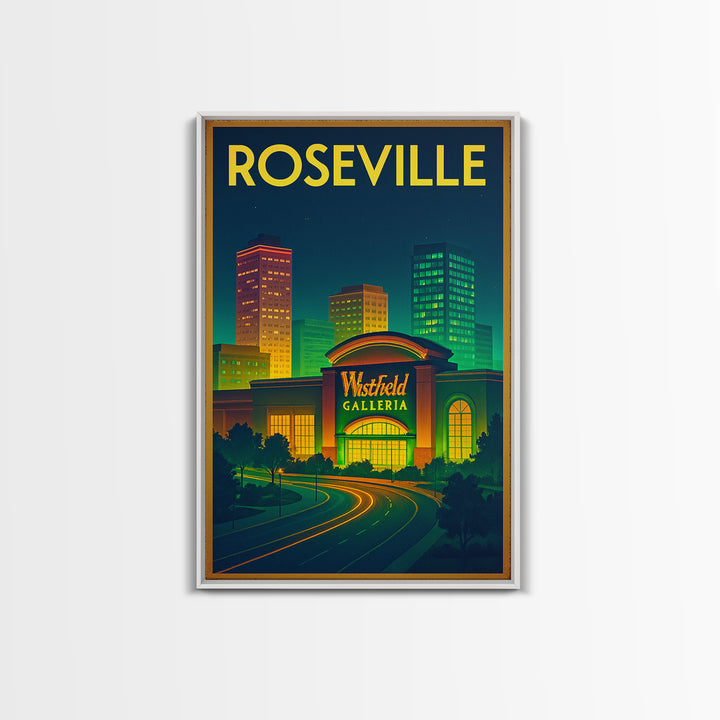 Roseville Travel Poster, Framed Canvas Print, Neon Skyline Art Wall Art, Roseville Poster Print, Home Office Decor, City Illustration