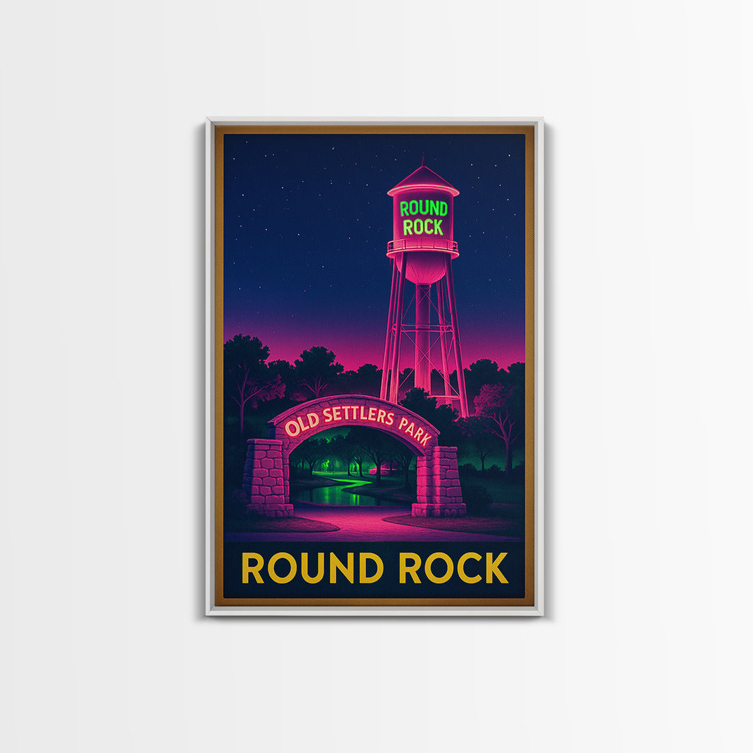 Round Rock Texas Travel Poster, Canvas Print, Electric Night Poster Art, Round Rock City Art, Watercolor Downtown Skyline, Travel Poster Art