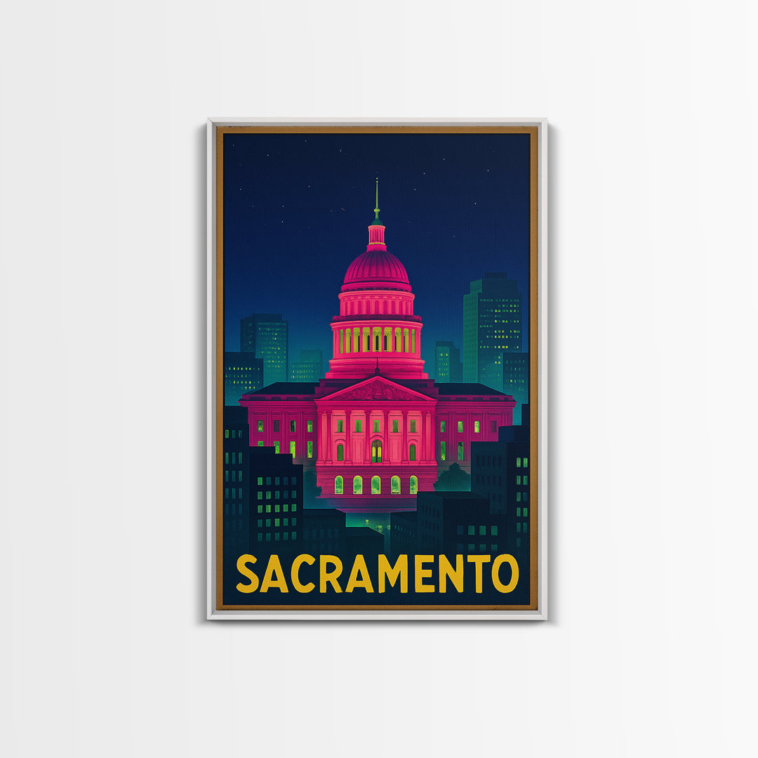 Sacramento California Travel Poster, Canvas Print, Electric Night Poster Art, Sacramento Wall Art, Vintage Travel Art, Living Room Wall Art