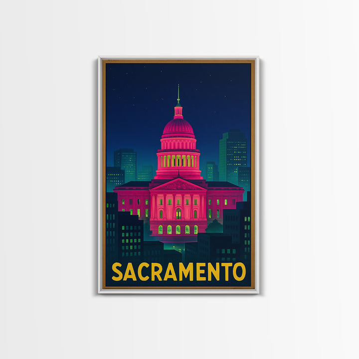 Sacramento California Travel Poster, Canvas Print, Electric Night Poster Art, Sacramento Wall Art, Vintage Travel Art, Living Room Wall Art
