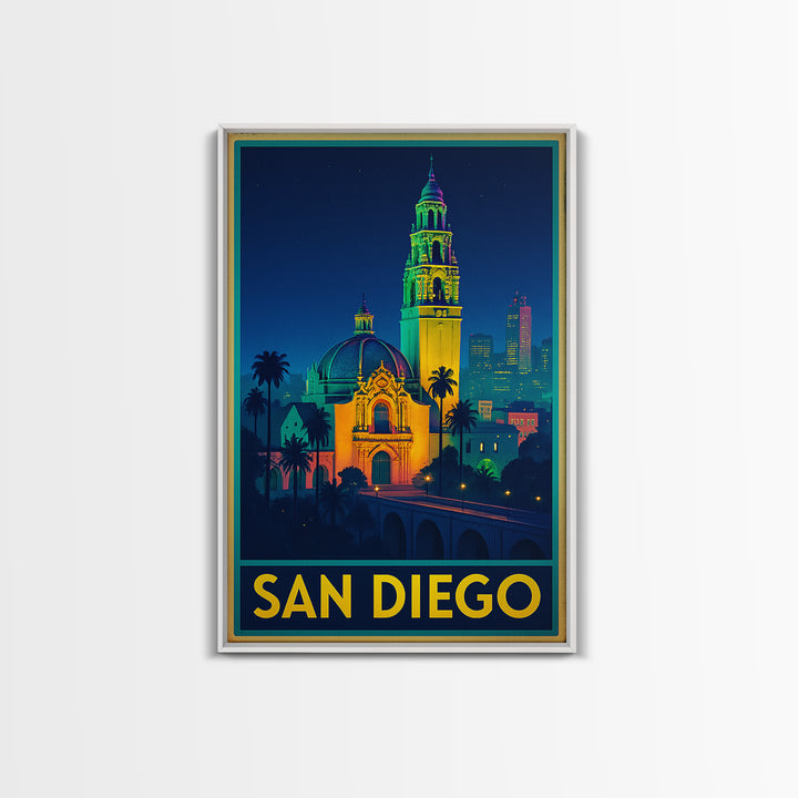San Diego California Travel Poster, Canvas Print, Cyberpunk Style City Art, San Diego Poster Print, City Illustration, Mid Century Wall Art