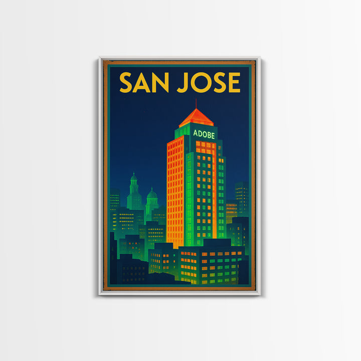 San Jose California Travel Poster, Framed Canvas Print, Cyberpunk Style City Art, San Jose Art Print, Wanderlust Decor, Travel Poster Set