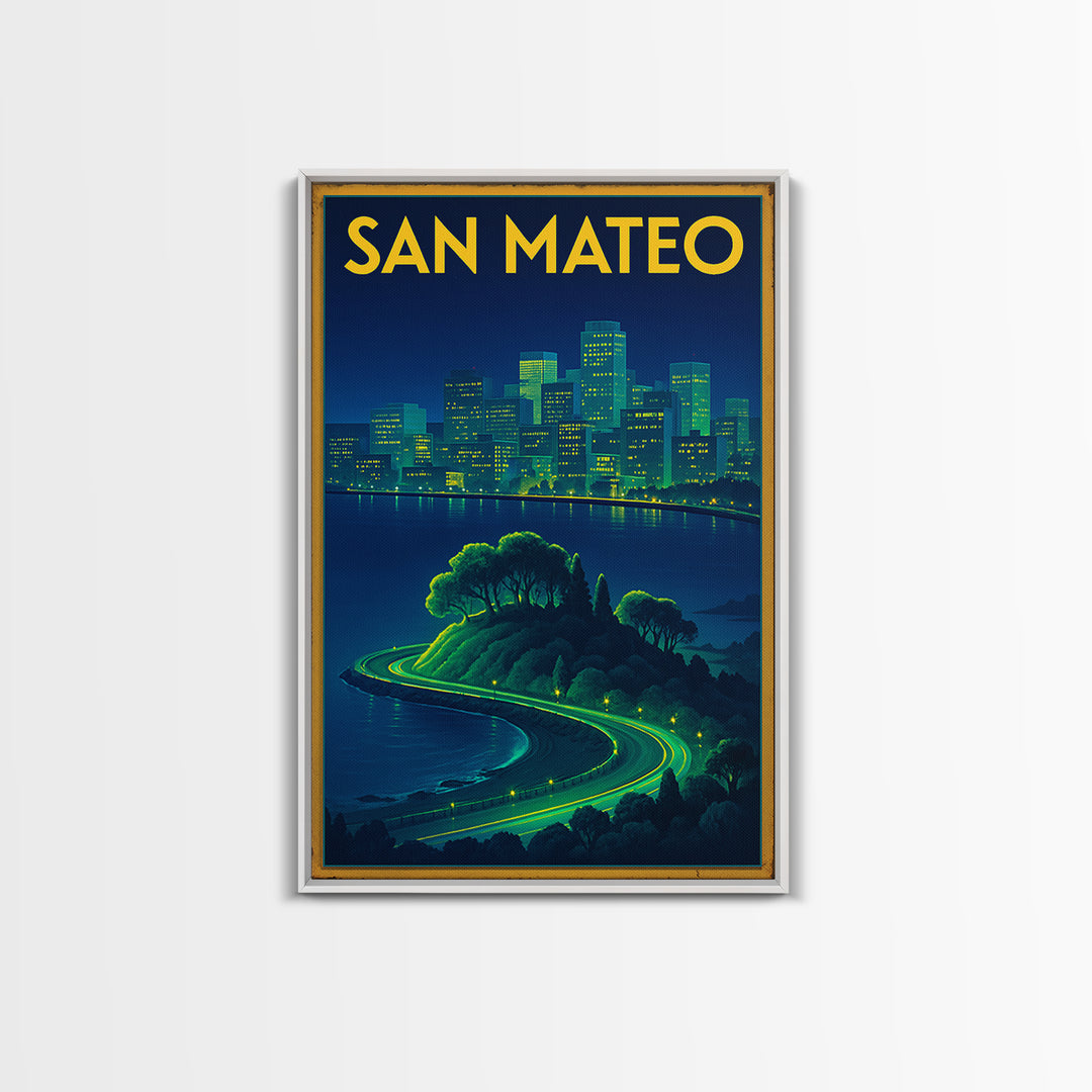 San Mateo Travel Poster, Framed Canvas Print, Electric Night Poster Art, San Mateo Wall Art, Vintage Travel Print, Vintage City Art