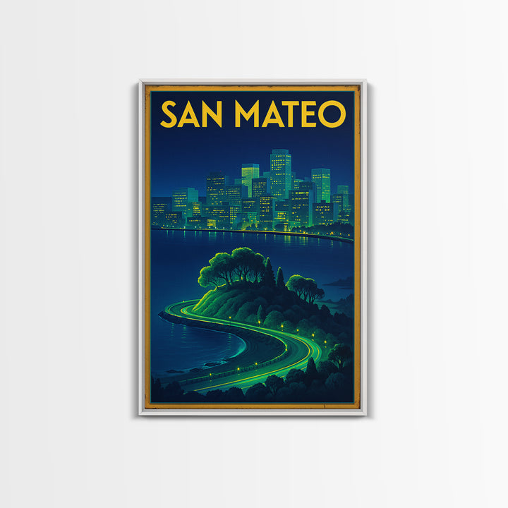 San Mateo Travel Poster, Framed Canvas Print, Electric Night Poster Art, San Mateo Wall Art, Vintage Travel Print, Vintage City Art
