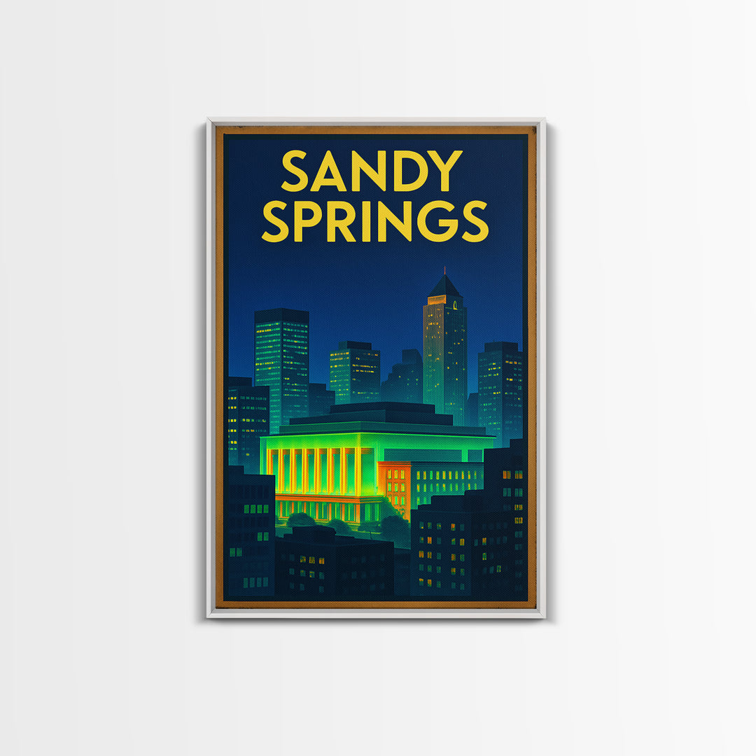 Sandy Springs Travel Poster, Canvas Print, Retro Neon Travel Art, Sandy Springs Travel Art, Travel Poster Set, Watercolor Downtown Skyline