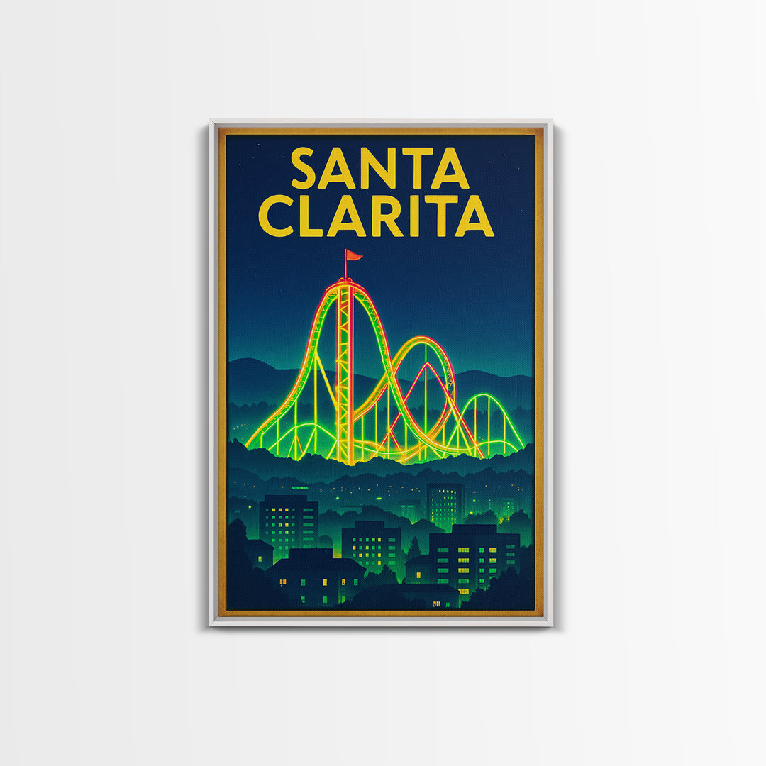 Santa Clarita Travel Poster, Framed Canvas Print, Retro Neon Travel Art, Santa Clarita Wall Art, Vintage City Poster, Retro Travel Print