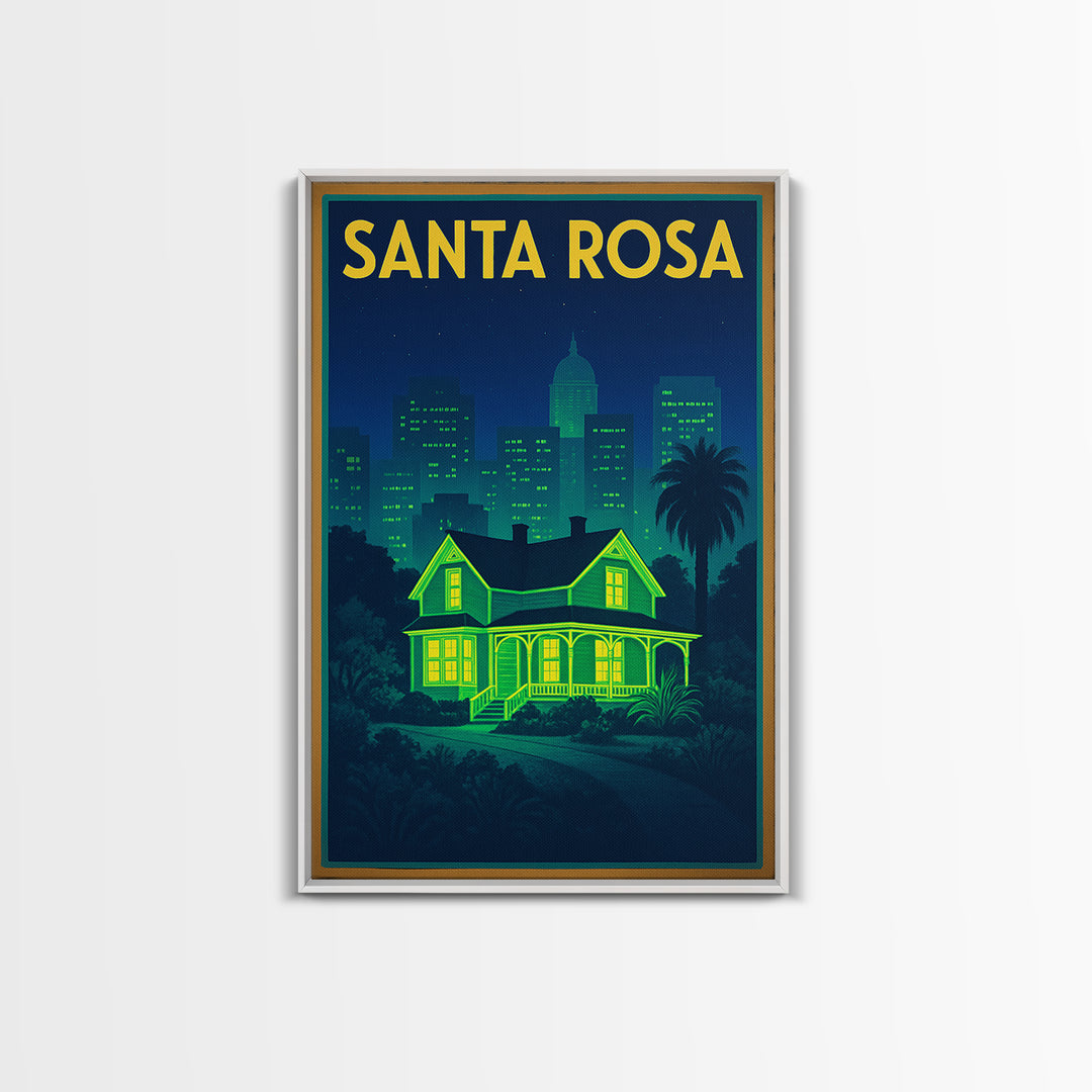 Santa Rosa Travel Poster, Canvas Print, Retro Neon Travel Art, Santa Rosa City Art, Eclectic Wall Decor, Watercolor Skyline, Wall Art