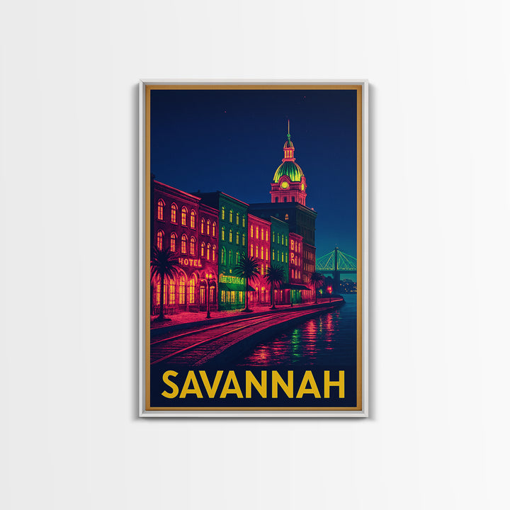 Savannah Georgia Travel Poster, Framed Canvas Print, Cyberpunk Style City Art, Savannah Wall Art, Retro Travel Print, Vintage Travel Print