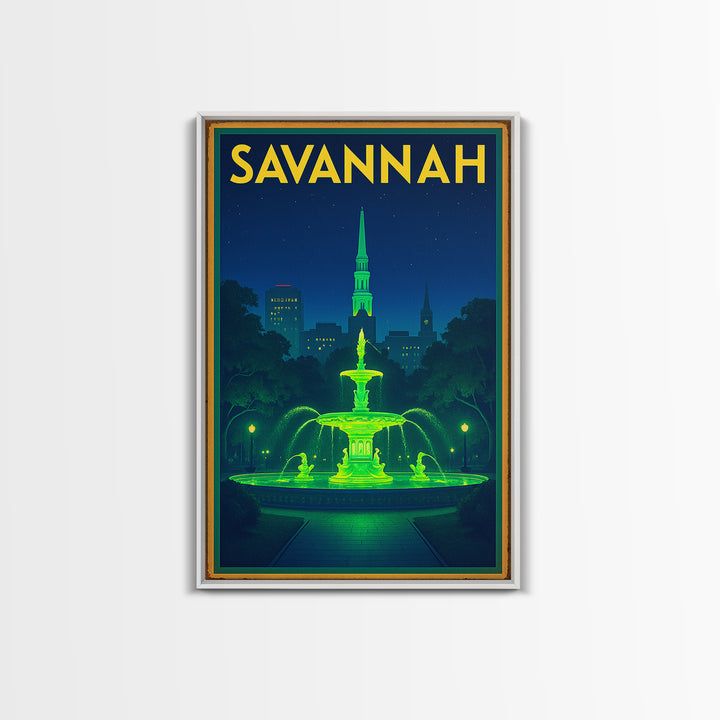 Savannah Travel Poster, Framed Canvas Print, Neon Skyline Wall Art, Savannah Wall Art, Gift For Travelers, Living Room Wall Art