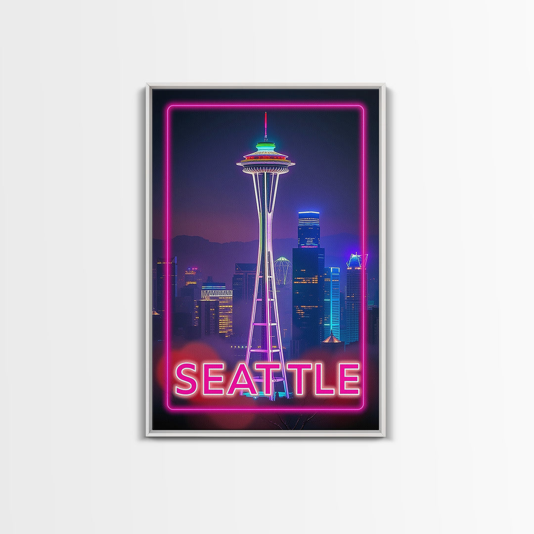Seattle Washington Travel Poster, Canvas Print, Cyberpunk Style City Art, Seattle City Art, Wanderlust Decor, Travel Art Print, Wall Art