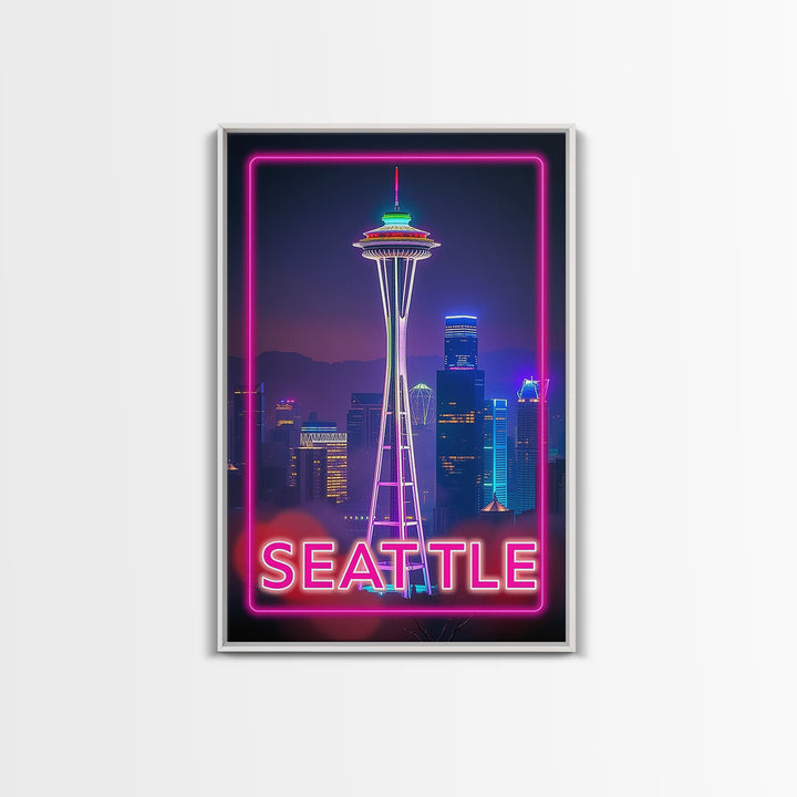 Seattle Washington Travel Poster, Canvas Print, Cyberpunk Style City Art, Seattle City Art, Wanderlust Decor, Travel Art Print, Wall Art