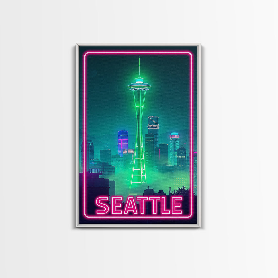 Seattle Travel Poster, Canvas Print, Electric Night Poster Art, Seattle Art Print, Vintage City Poster, Retro Travel Print, City Poster