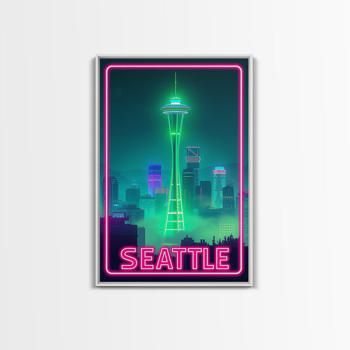 Seattle Travel Poster, Canvas Print, Electric Night Poster Art, Seattle Art Print, Vintage City Poster, Retro Travel Print, City Poster