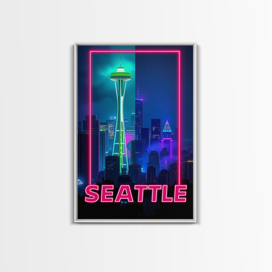 Seattle Travel Poster, Framed Canvas Print, Retro Neon Travel Art, Seattle City Art, Modern Wall Decor, Travel Wall Decor, Fine Art Print