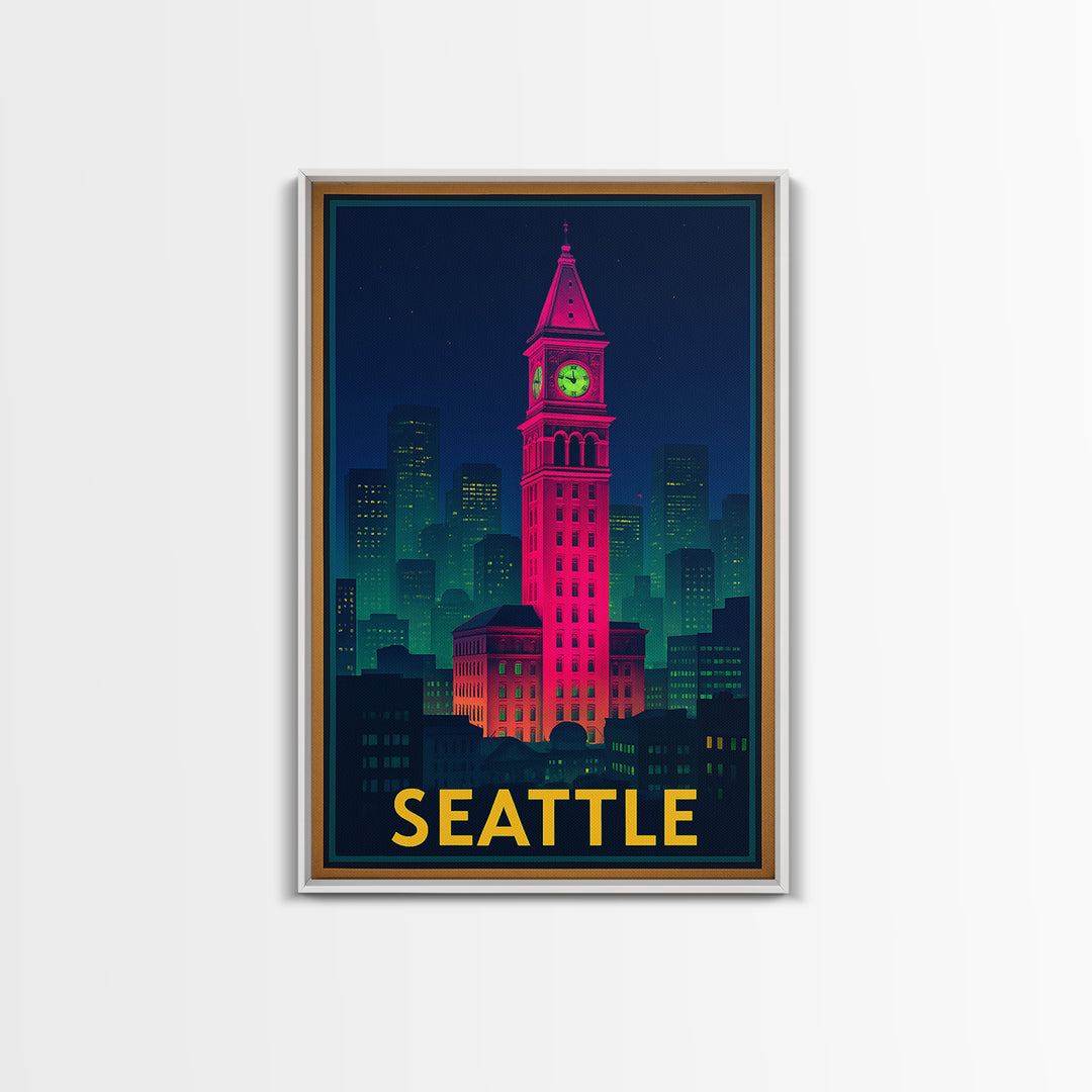 Seattle Travel Poster, Framed Canvas Print, Cyberpunk Style City Art, Seattle Wall Art, Travel Wall Art, Vintage Travel Print, Design 5