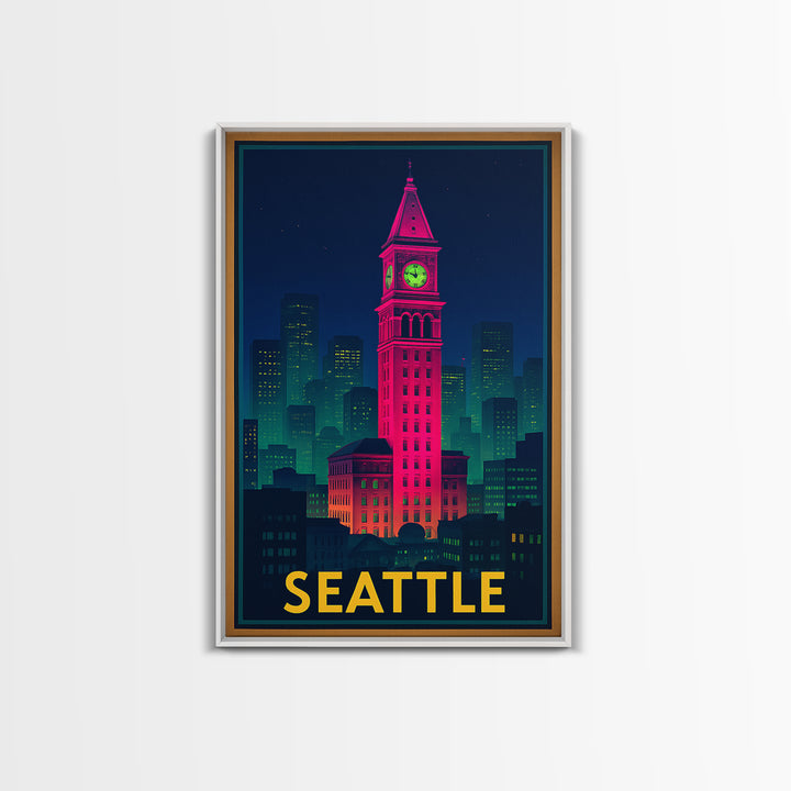 Seattle Travel Poster, Framed Canvas Print, Cyberpunk Style City Art, Seattle Wall Art, Travel Wall Art, Vintage Travel Print, Design 5