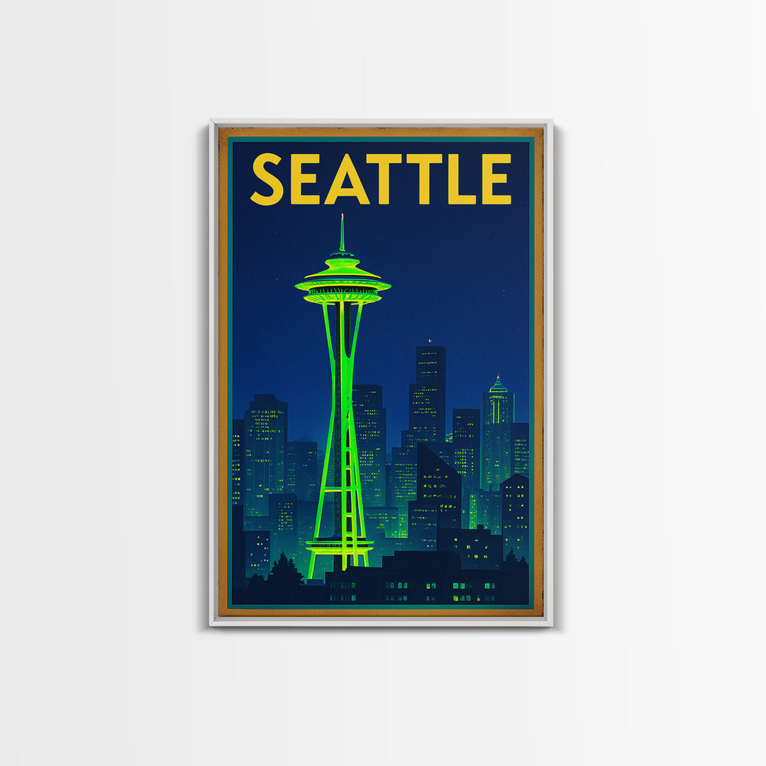 Seattle Travel Poster, Framed Canvas Print, Cyberpunk Style City Art, Seattle City Art, Wanderlust Decor, Retro Travel Print, Design 6