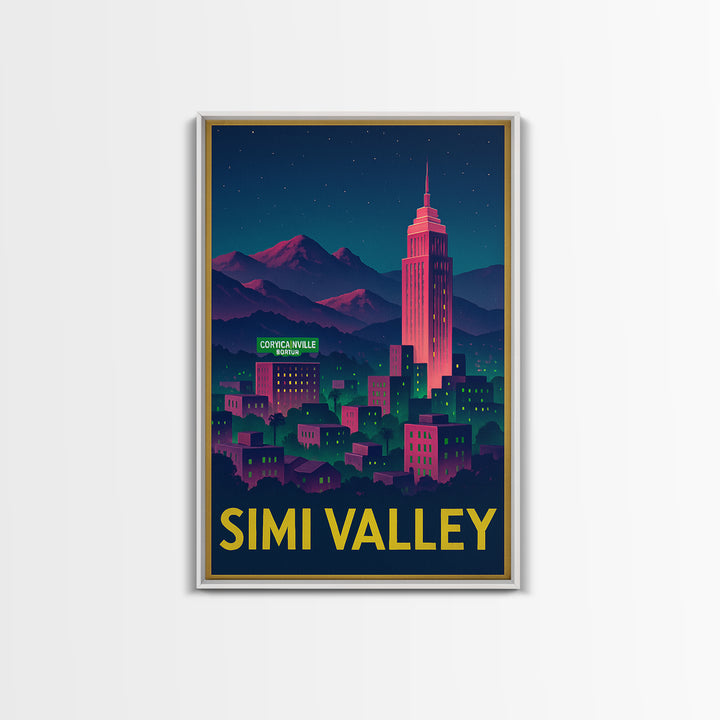 Simi Valley California Travel Poster, Canvas Print, Neon City Skyline Wall Art, Simi Valley Poster Print, Wall Decor, Travel Art Print