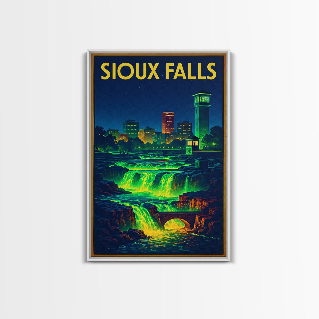 Sioux Falls Travel Poster, Canvas Print, Retro Neon Travel Art, Sioux Falls Poster Print, Living Room Wall Art, City Illustration