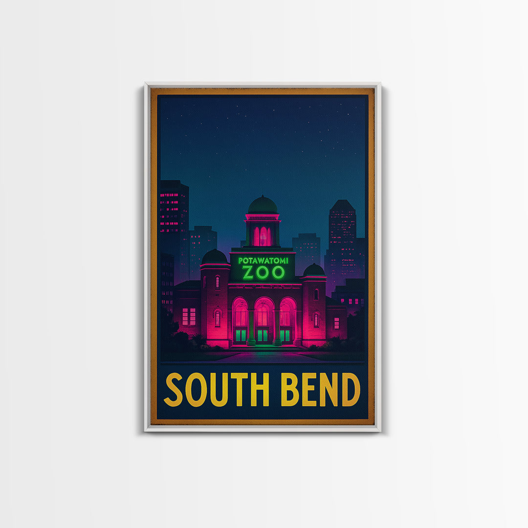 South Bend Indiana Travel Poster, Canvas Print, Neon Skyline Wall Art, South Bend City Art, Vintage Travel Print, Retro Travel Print