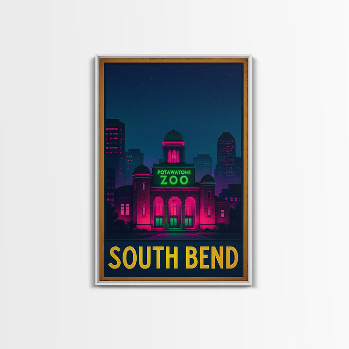 South Bend Indiana Travel Poster, Canvas Print, Neon Skyline Wall Art, South Bend City Art, Vintage Travel Print, Retro Travel Print