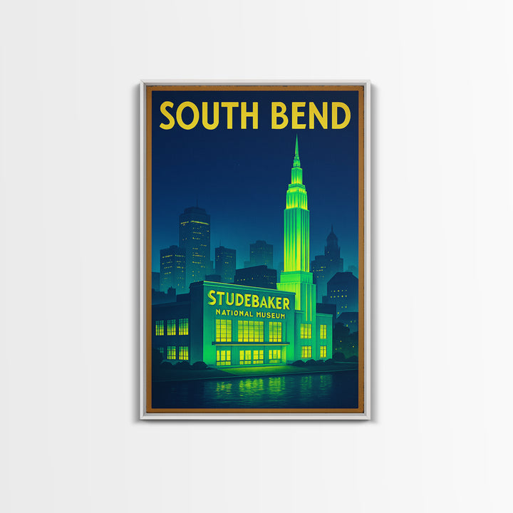 South Bend Travel Poster, Framed Canvas Print, Neon City Skyline Wall Art, South Bend Wall Art, Wanderlust Decor, Living Room Wall Art