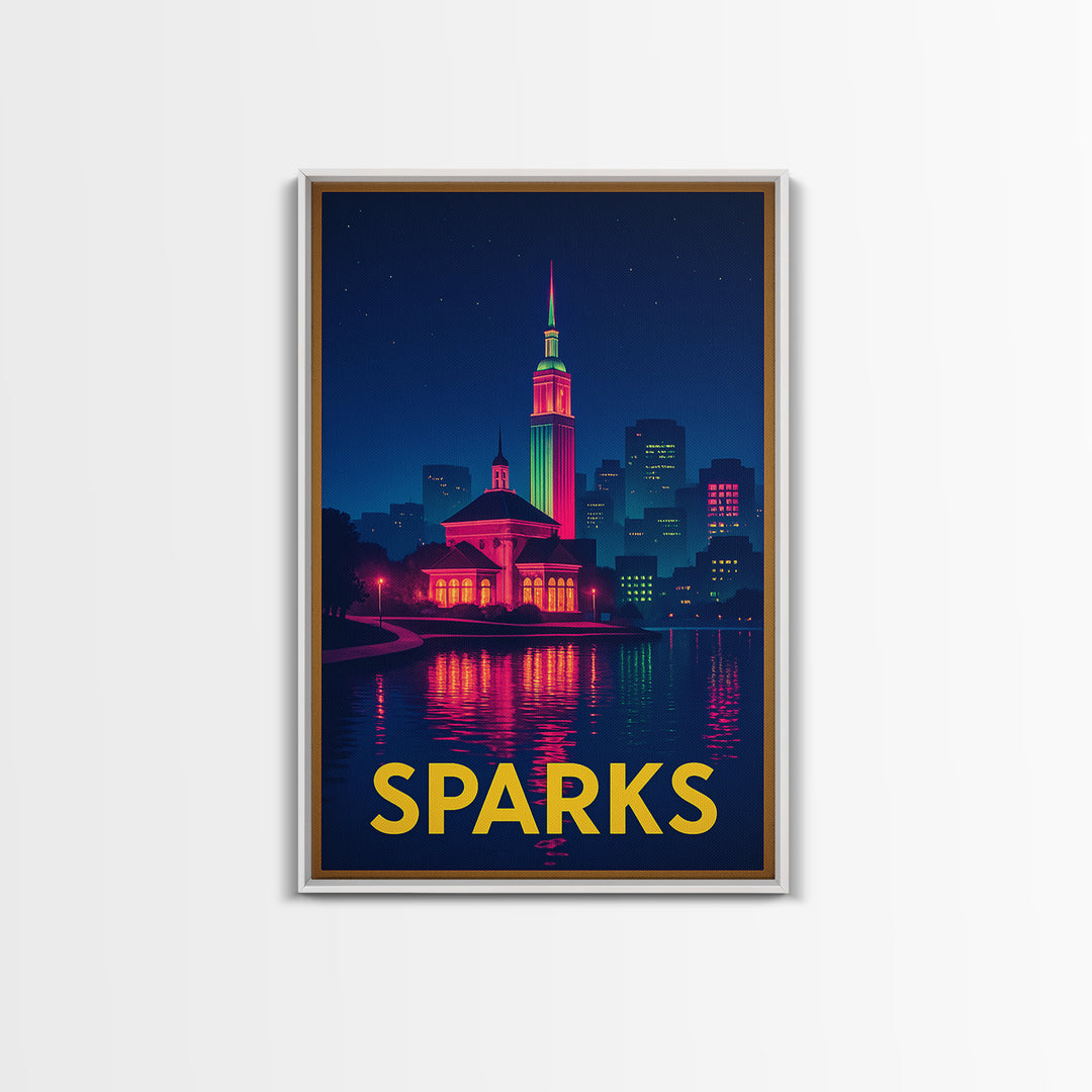Sparks Nevada Travel Poster, Framed Canvas Print, Cyberpunk Style City Art, Sparks Poster Print, Travel Art Print, Mid Century Wall Art