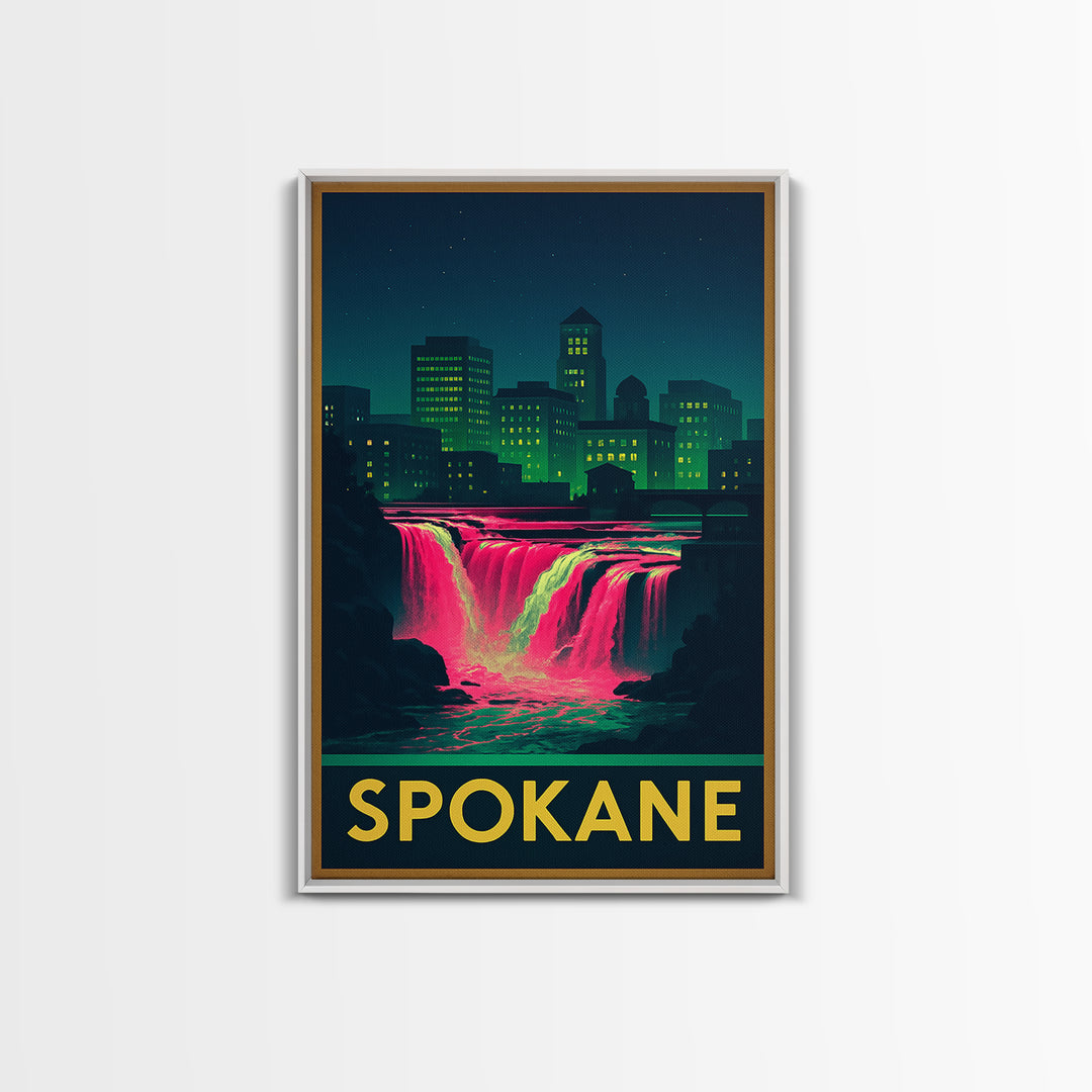 Spokane Washington Travel Poster, Canvas Print, Cyberpunk Style City Art, Spokane Poster Print, Mid Century Wall Art, Living Room Wall Art