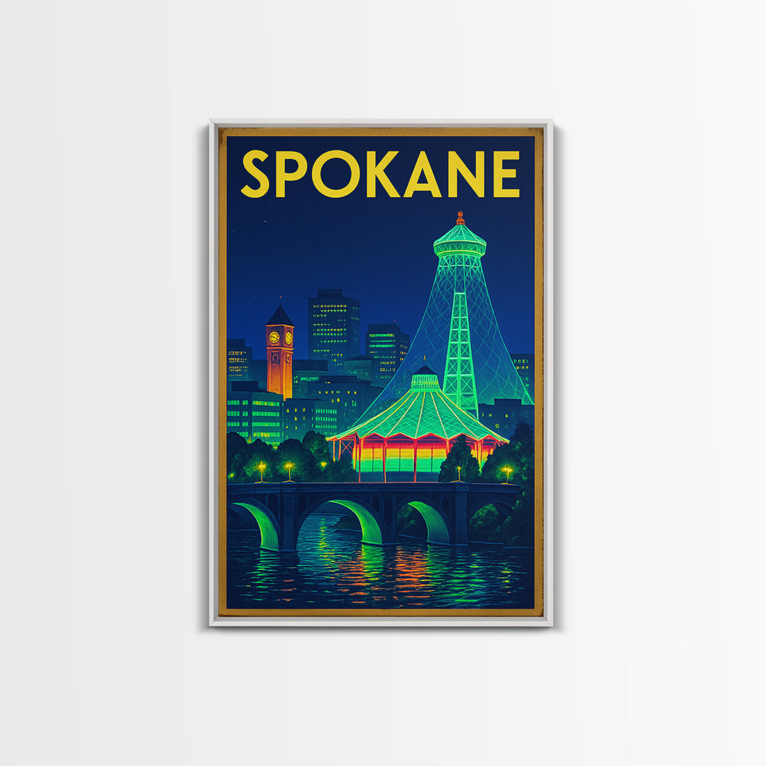 Spokane Travel Poster, Framed Canvas Print, Neon Skyline Wall Art, Spokane Travel Art, Travel Poster Set, Eclectic Wall Decor