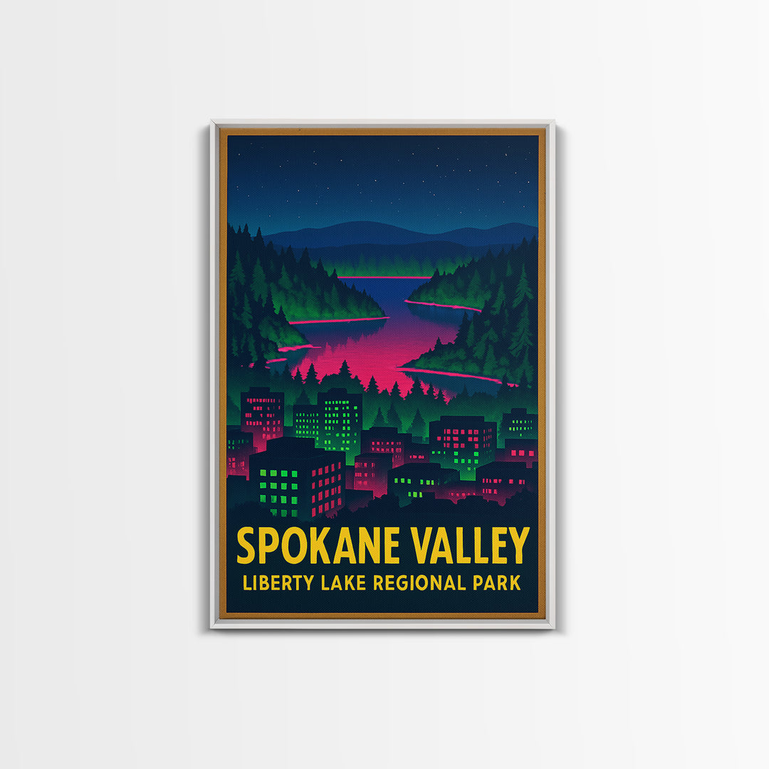 Spokane Valley Washington Travel Poster, Canvas Print, Electric Night Poster Art, Spokane Valley City Art, Travel Art Print