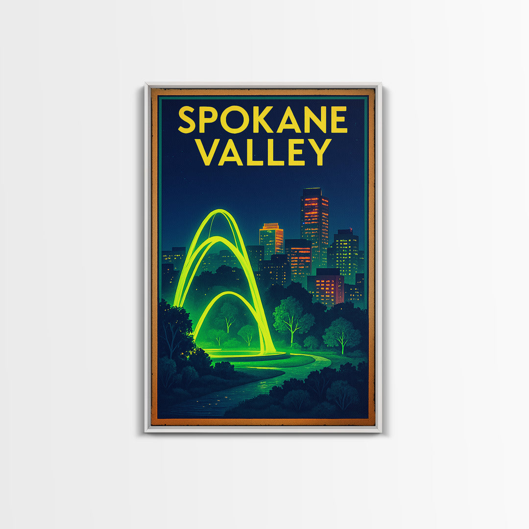 Spokane Valley Travel Poster, Framed Canvas Print, Cyberpunk Style City Art, Spokane Valley Wall Art, Vintage Travel Print, Retro Poster