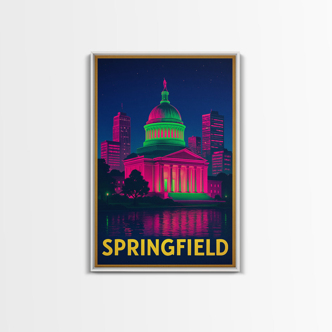 Springfield Travel Poster, Framed Canvas Print, Cyberpunk Style City Art, Springfield Travel Art, Fine Art Print, Mid Century Wall Art