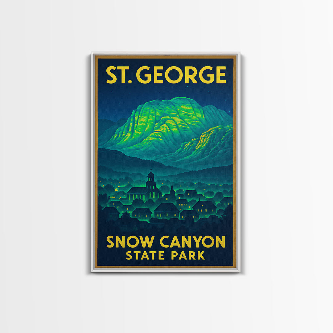 St George Travel Poster, Framed Canvas Print, Cyberpunk Style City Art, St George Art Print, Mid Century Wall Art, Gift For Travelers