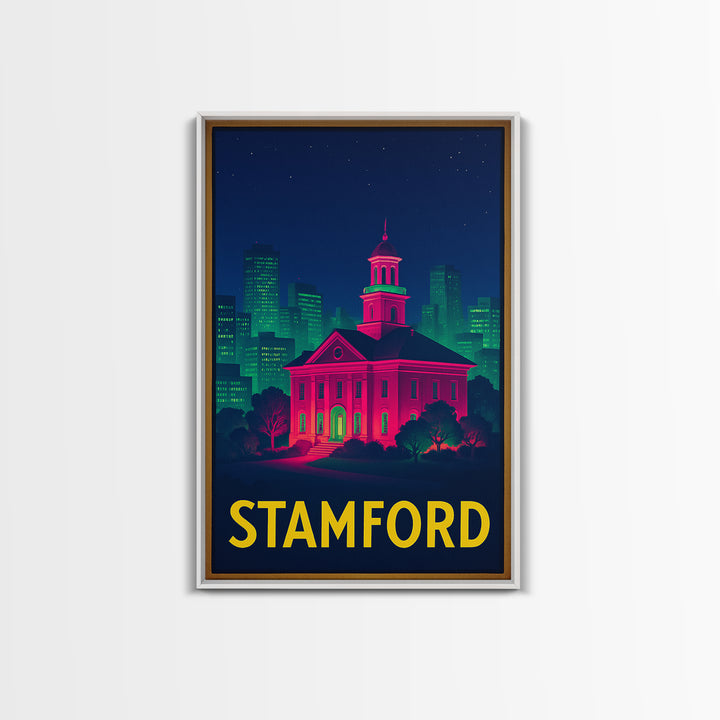 Stamford Connecticut Travel Poster, Canvas Print, Neon City Skyline Wall Art, Stamford Print, Travel Wall Art, Travel Print, Retro Poster