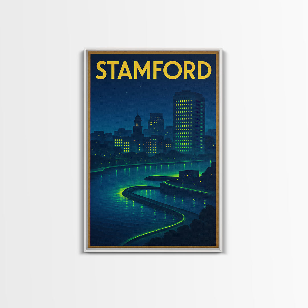 Stamford Travel Poster, Framed Canvas Print, Electric Night Poster Art, Stamford Travel Art, Travel Wall Decor, Travel Wall Art