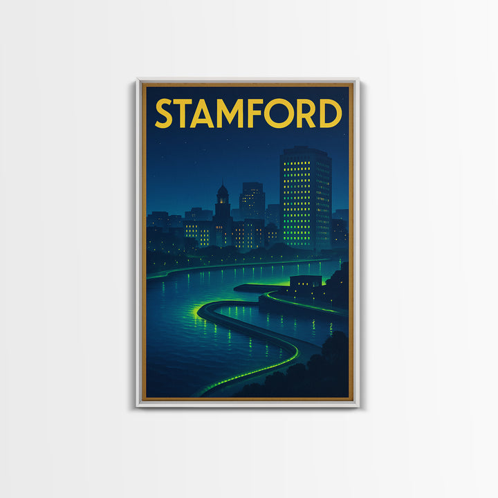 Stamford Travel Poster, Framed Canvas Print, Electric Night Poster Art, Stamford Travel Art, Travel Wall Decor, Travel Wall Art