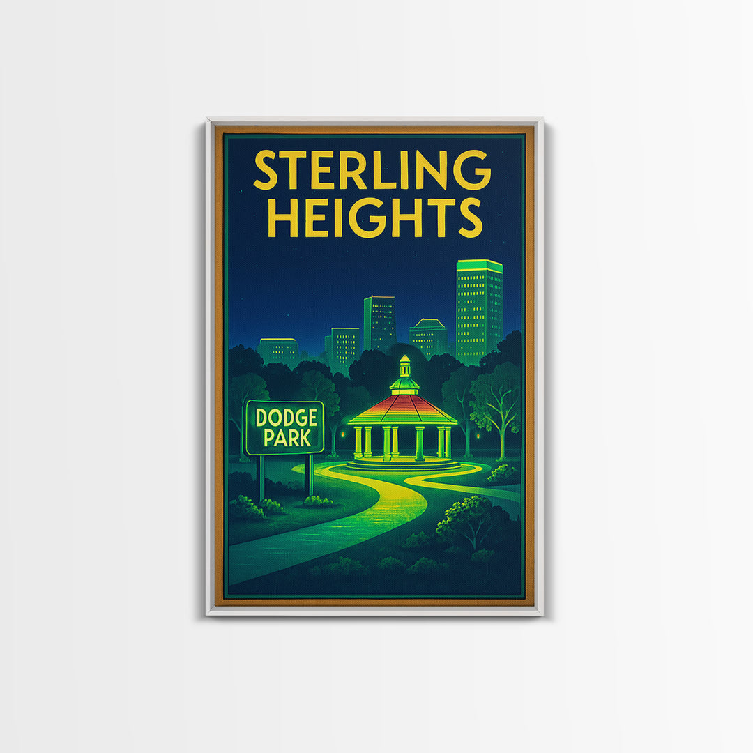 Sterling Heights Travel Poster, Framed Canvas Print, Neon City Skyline Wall Art, Sterling Heights Poster Print, City Illustration
