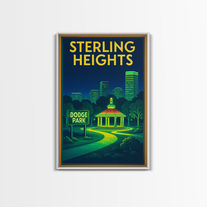 Sterling Heights Travel Poster, Framed Canvas Print, Neon City Skyline Wall Art, Sterling Heights Poster Print, City Illustration