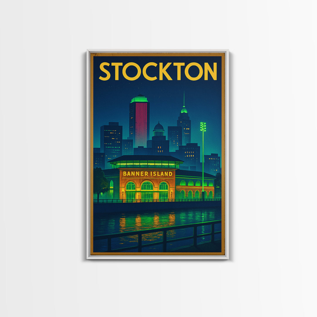 Stockton Travel Poster, Framed Canvas Print, Neon City Skyline Wall Art, Stockton Poster Print, Vintage City Art, Vintage Travel Art