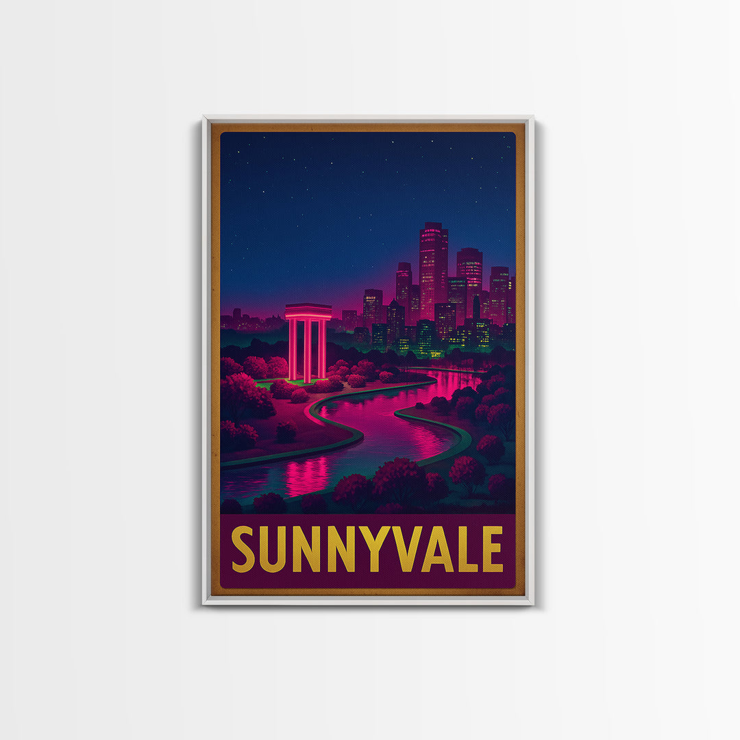 Sunnyvale California Travel Poster, Canvas Print, Neon Downtown Skyline Wall Art, Sunnyvale Art Print, Home Office Decor, Retro Travel Print