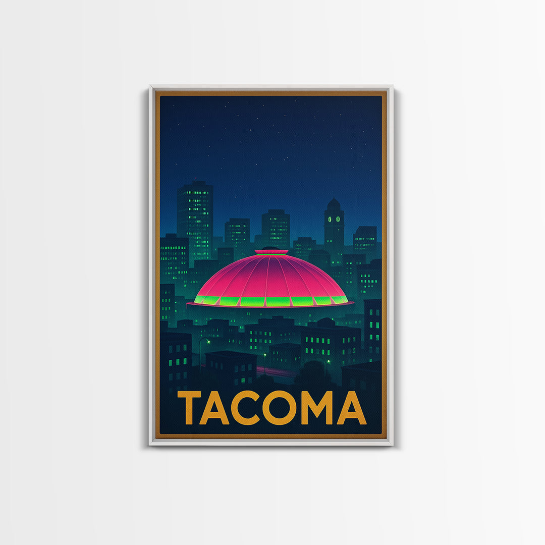 Tacoma Washington Travel Poster, Framed Canvas Print, Cyberpunk Style City Art, Tacoma Travel Art, Vintage City Poster, Mid Century Wall Art