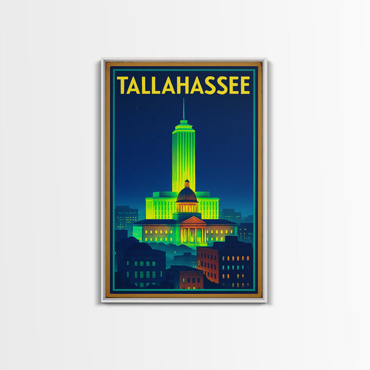 Talahassee Travel Poster, Framed Canvas Print, Neon Downtown Skyline Wall Art, Talahassee Art Print, Gift For Travelers, Vintage City Poster