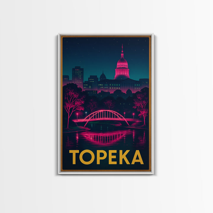 Topeka Kansas Travel Poster, Canvas Print, Retro Neon Travel Art, Topeka City Art, Travel Poster Art, Travel Wall Art, Living Room Wall Art